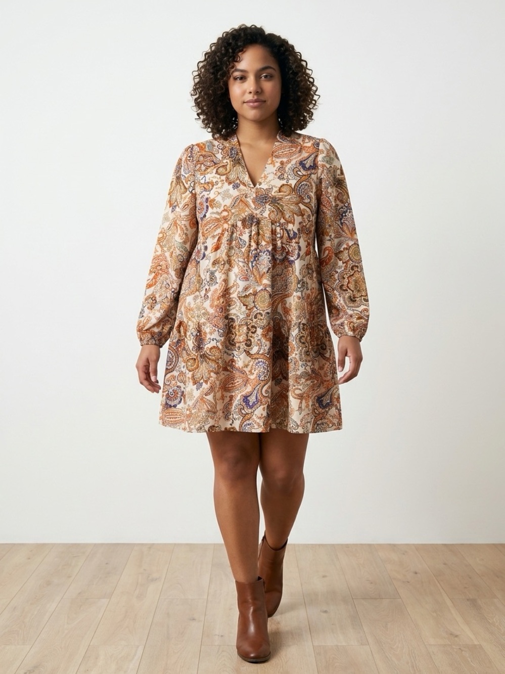 V-Neck Paisley Mini Dress in Brown Multi